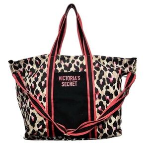 Victoria’s Secret Large Leopard Pink Black Canvas Weekender Bag Removable Strap